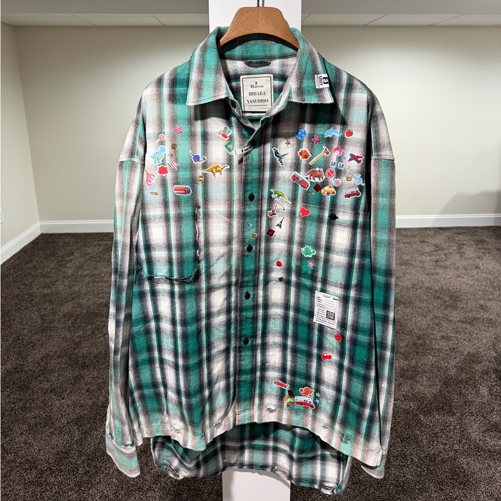 Maison Mihara Yasuhiro Distressed Green Check Flannel Shirt